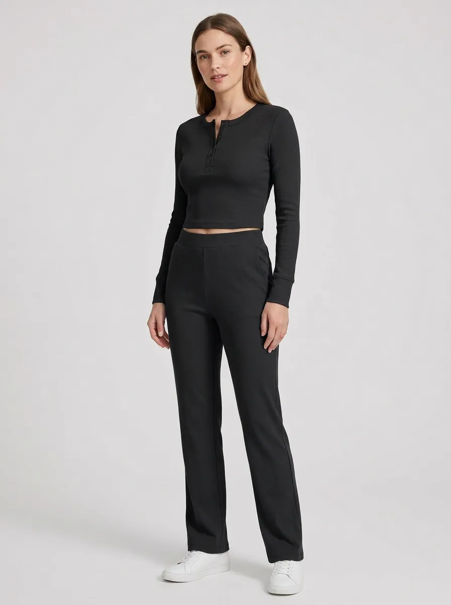 Women's Ribbed Three-Button Henley Crop Top and Straight-Leg Trouser Set