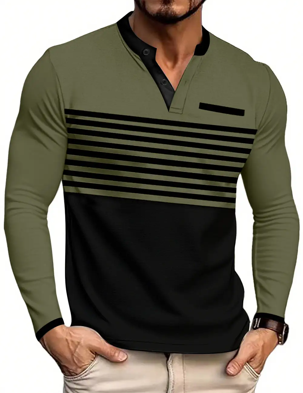 Striped Stand Collar Long Sleeve Polo Shirt
