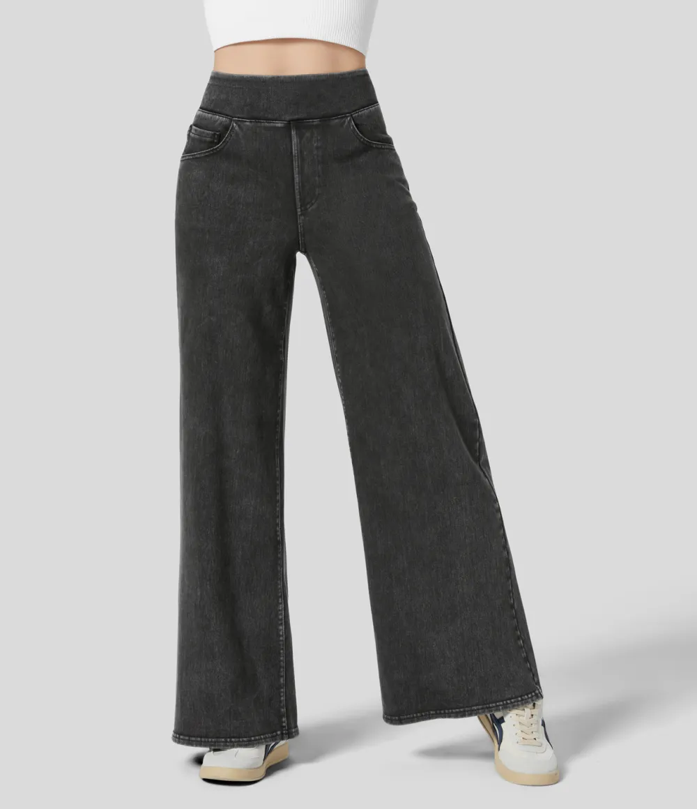 Magic High Waisted Multiple Pockets Wide Leg Stretchy Knit Casual Thermal Jeans
