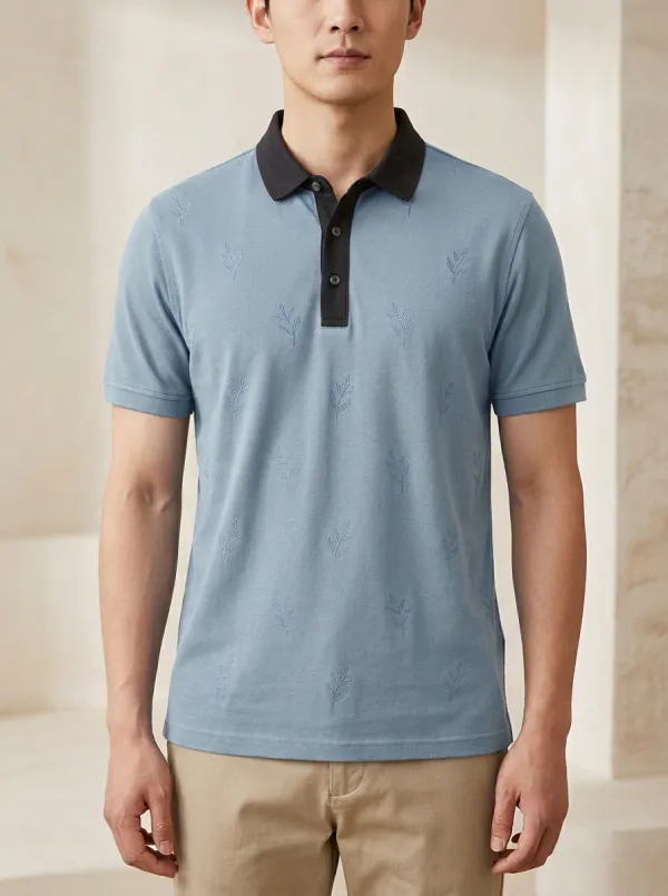 Leaf-Pattern Embroidered Men's Polo Shirt