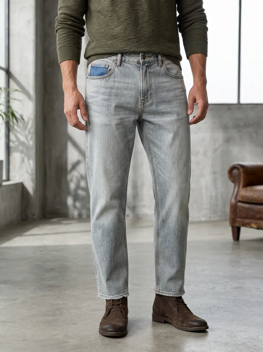 Men's Light Wash Raw Hem Contrast Pocket Denim Jeans