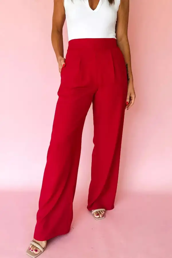 Elastic Waist Pleated Straight Leg Pocketed Pants