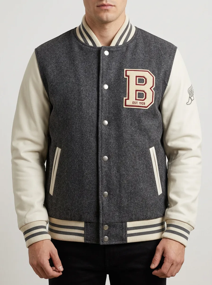 Men's Vintage Letter B Patch Wool Baseball Jacket