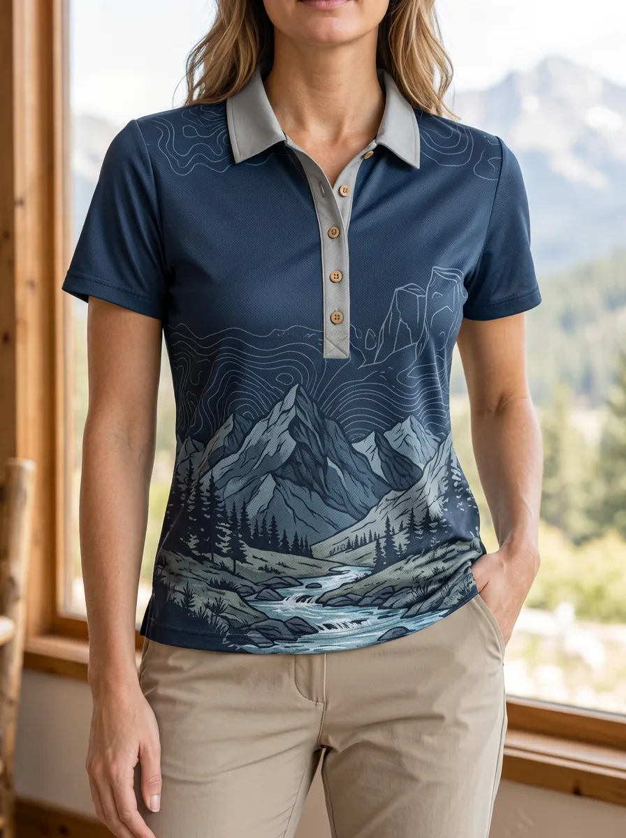 Women's Modern Mountain Hiking Lover Topographic Polo Shirt