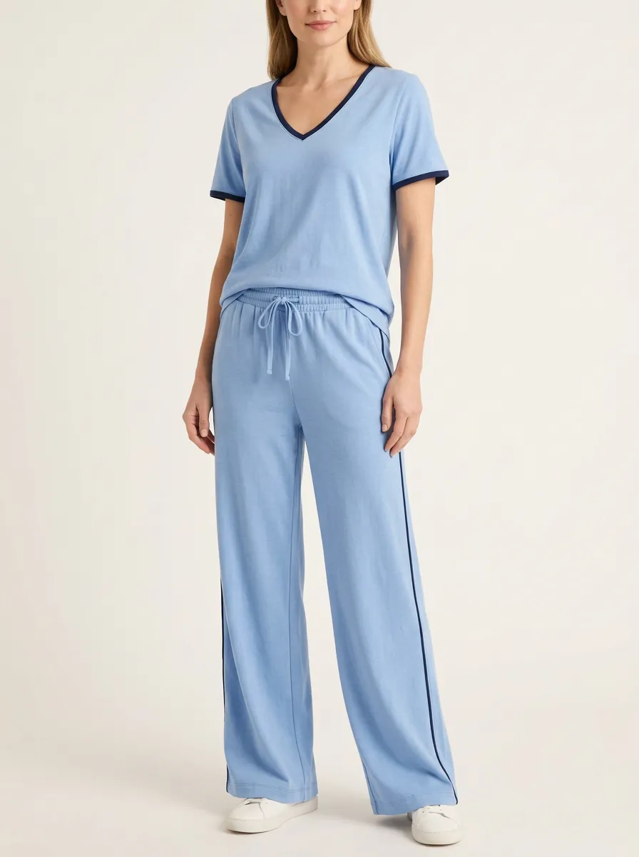 Women's Drawstring V-Neck T-Shirt and Wide-Leg Pants Set