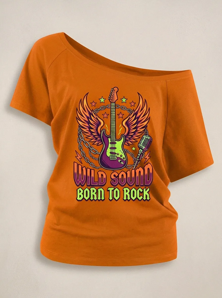 Women's Rock Music Lover Winged Guitar Microphone Printed Off-Shoulder Top