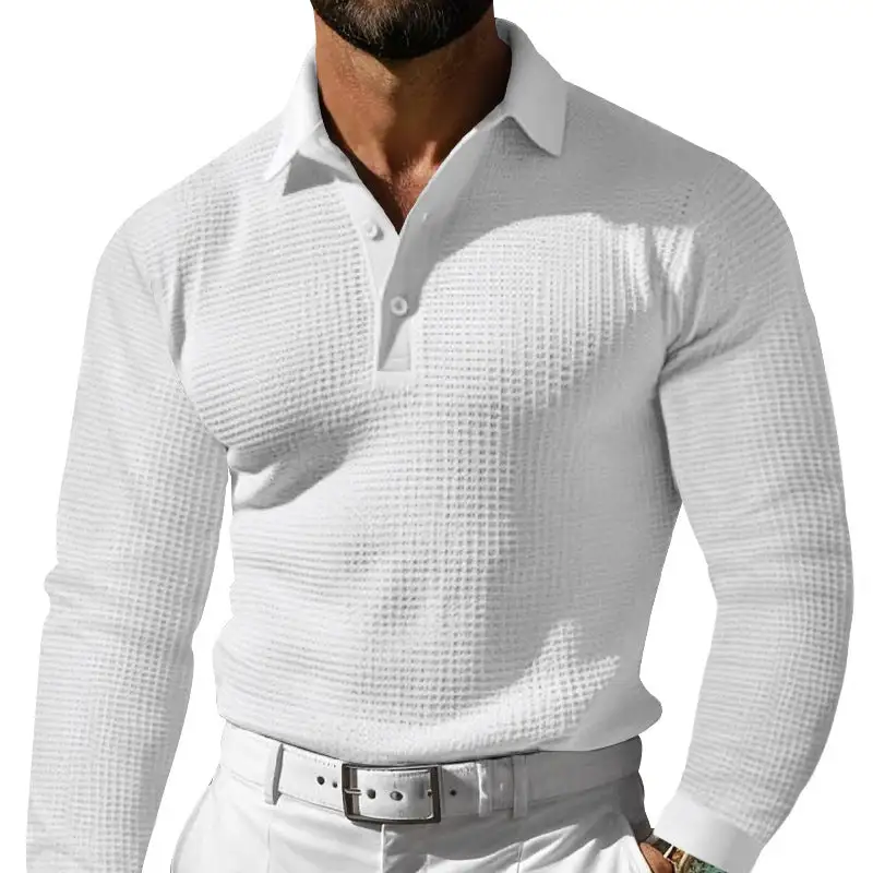 Waffle Texture Elastic Hem Long Sleeve Polo Shirt