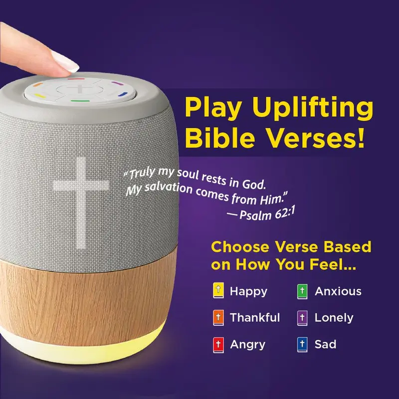 Audio player features including touch operation, language modes, mood categories, and preloaded verses