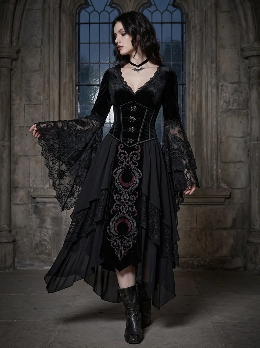 Dark Romantic Moon Lace Bell Sleeve Victorian Look Women's Gothic Dress