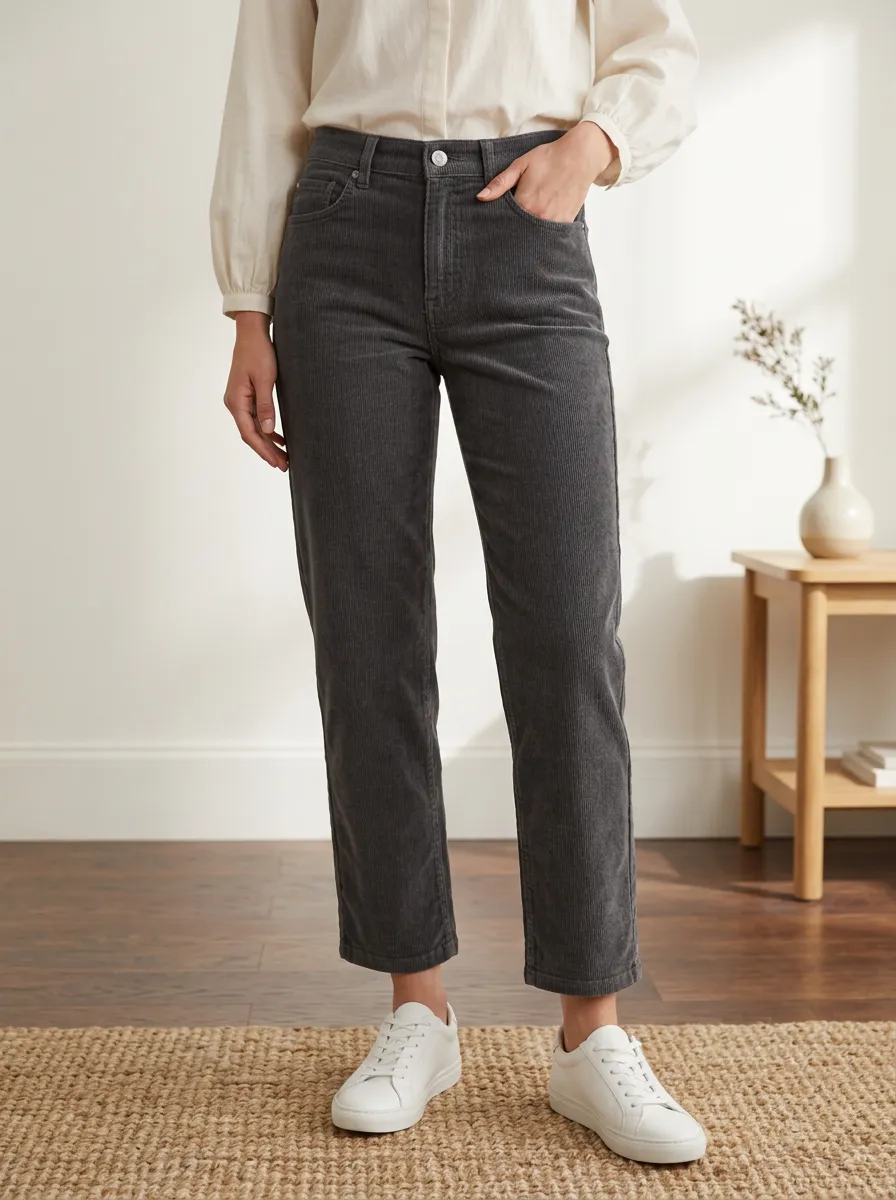 Women's Zip-Fly Belt-Loop Five-Pocket Mid-Rise Straight-Leg Corduroy Pants
