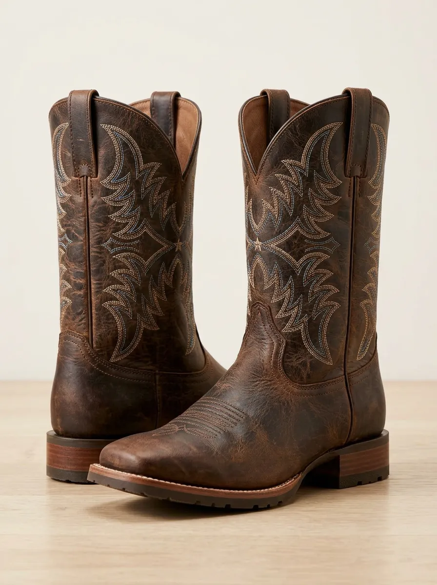 Southwestern Embroidered Distressed Leather-Look Pattern Men's Western Cowboy Boots