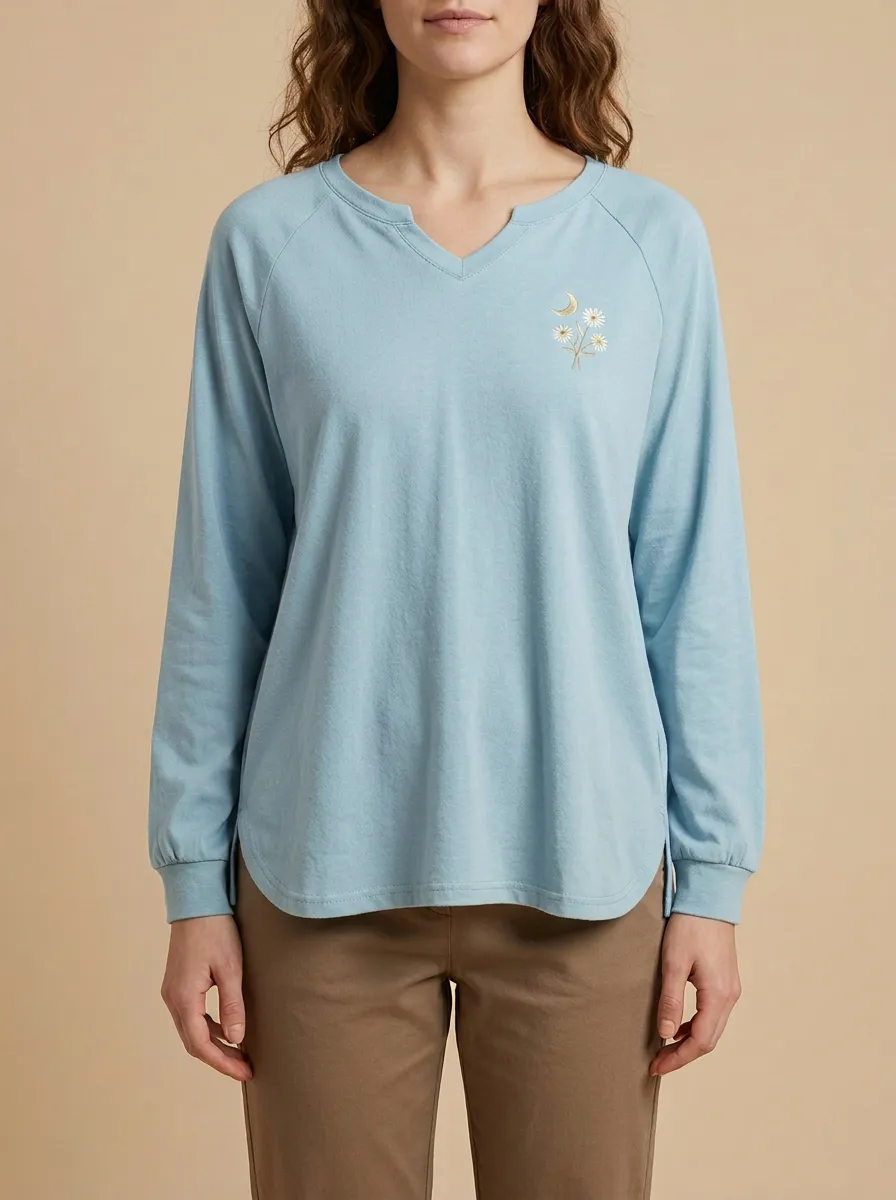 Women's Floral Embroidered Raglan Long-Sleeve Top
