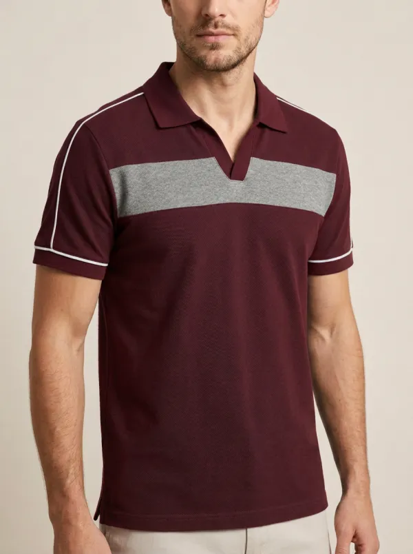 Men's Casual Sporty Navy Grey Colorblock V-Neck Polo Shirt