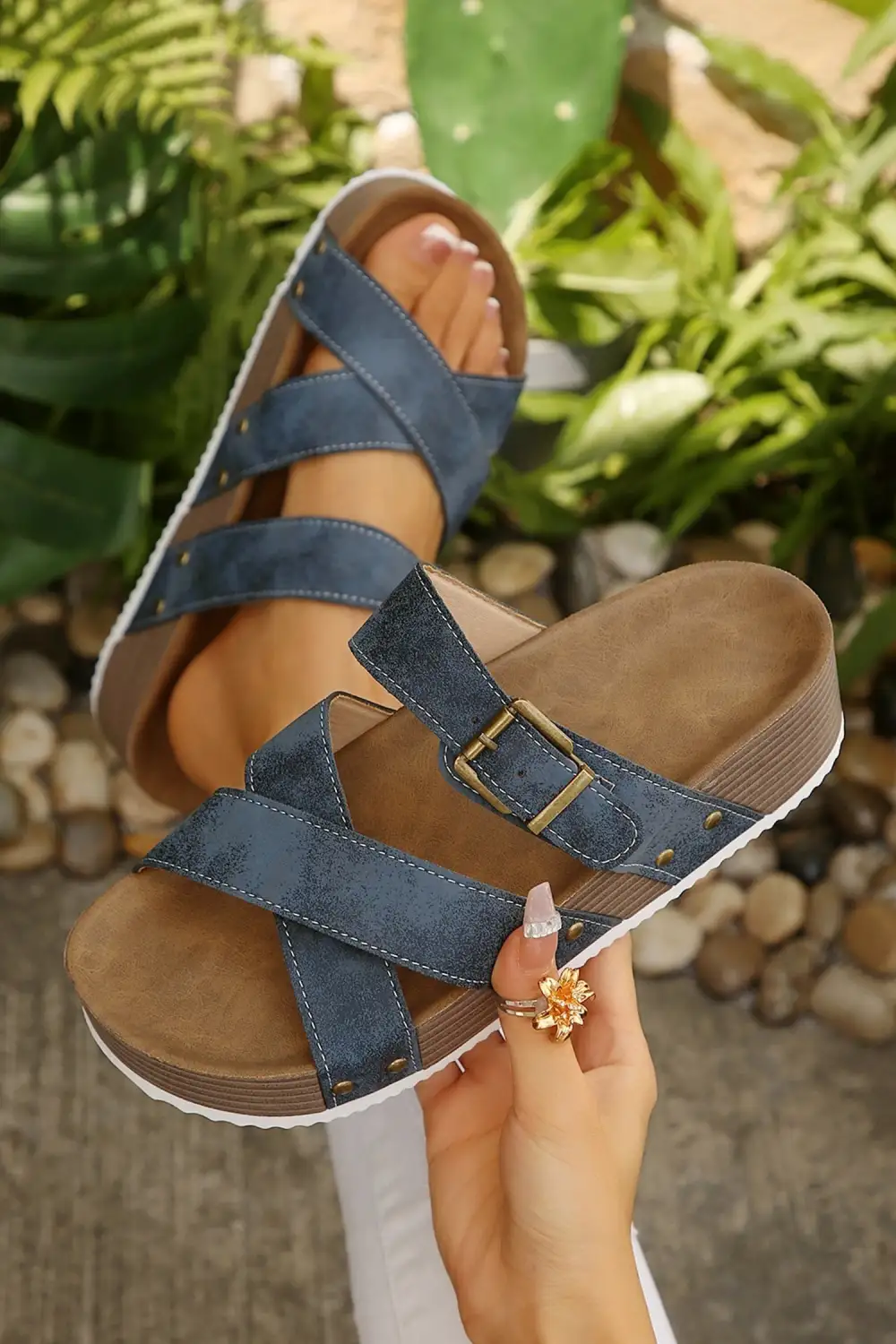 Streamlined Faux Suede Leather Strappy Cutout Flat Sandals