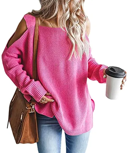 Women's Cold Shoulder Oversized Sweaters Batwing Long Sleeve Square Neck Chunky Knit Fall Tunic Sweater Tops