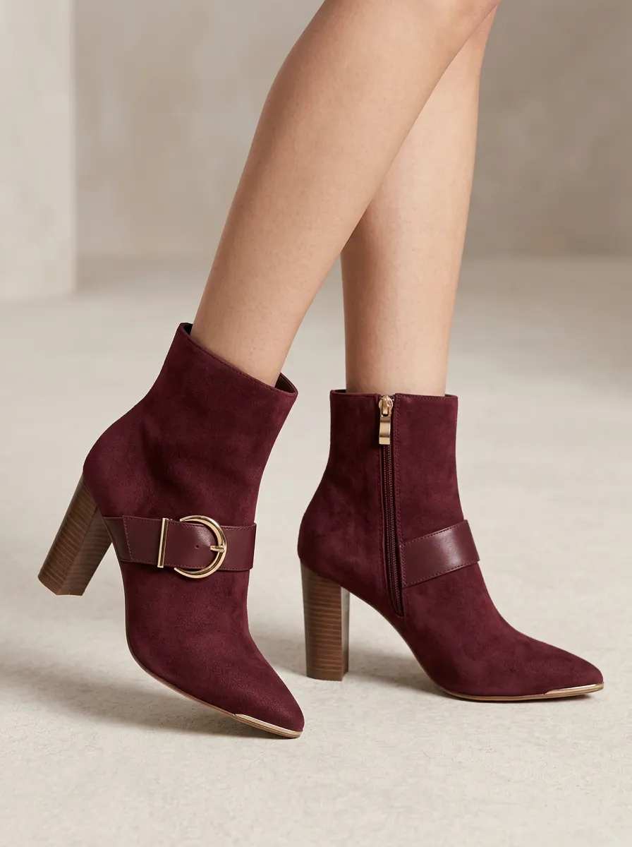 Buckle-Strap Buckle-Detail Pointed-Toe Suede-Look Women's High-Heel Ankle Boots