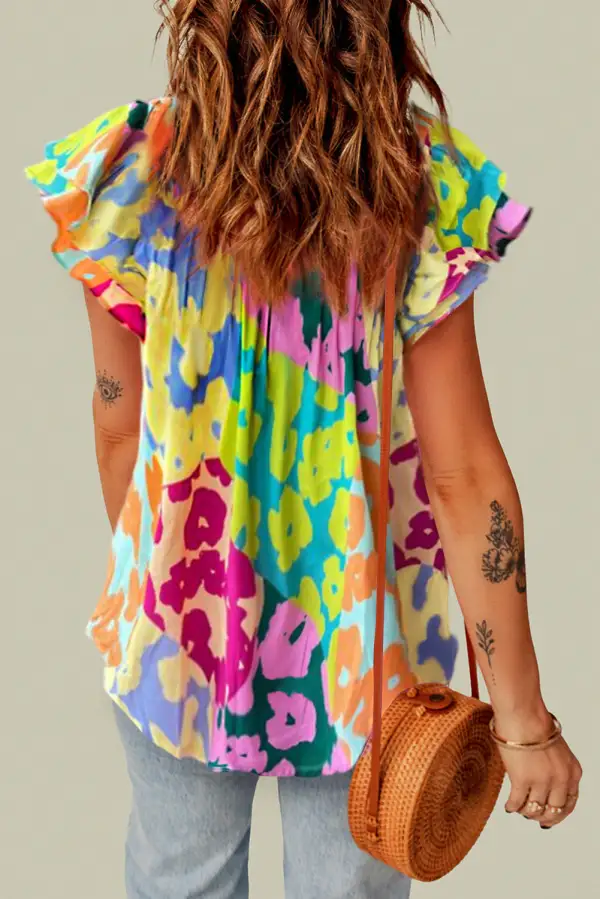 Multicolour Leopard  Sleeve V Neck Crinkled Blouse