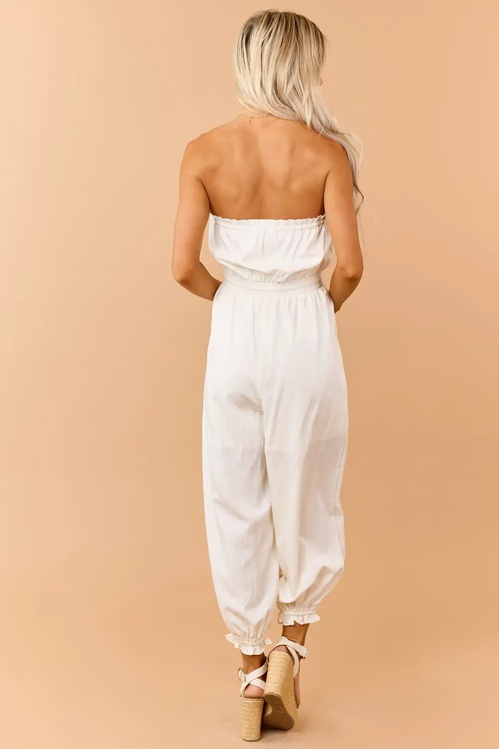 Cream Strapless Balloon Leg Ruffle Trim