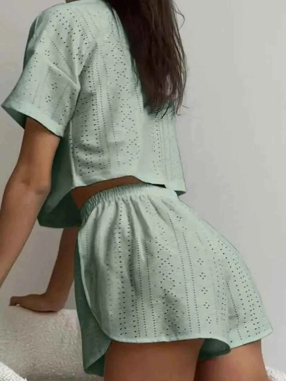 Pull On Eyelet Round Neck Top and Shorts Set