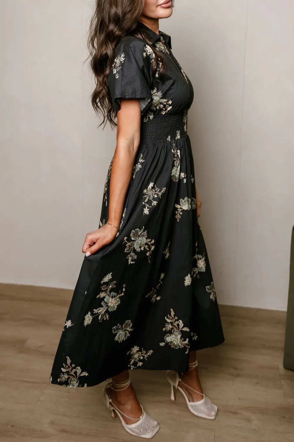 Smocked Zip Up Floral Dress