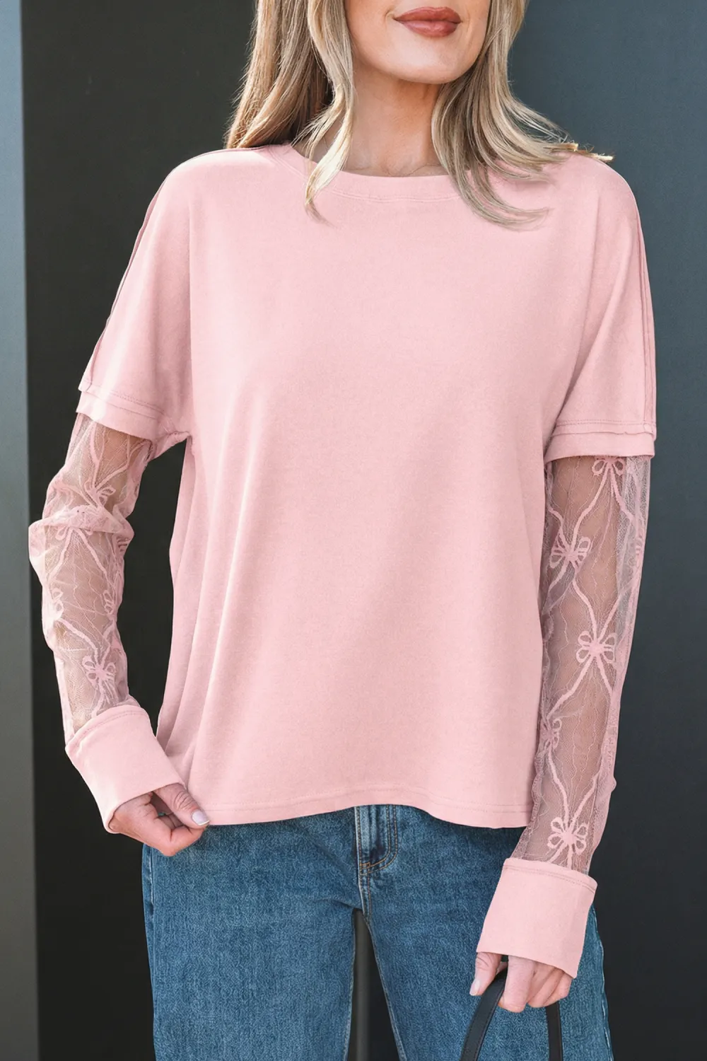 Light Pink Bow Textured Patchwork Tee