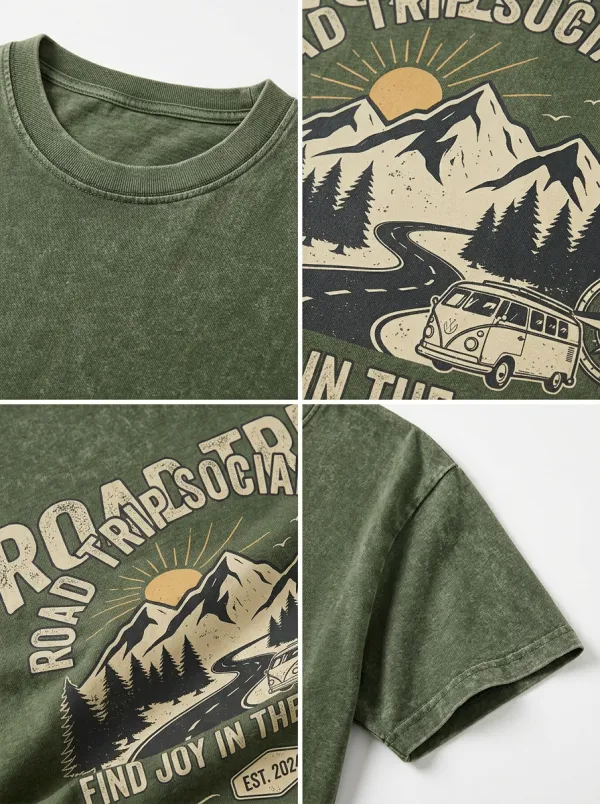 Unisex Road Trip Lover Mountain Van Compass Printed T-shirt