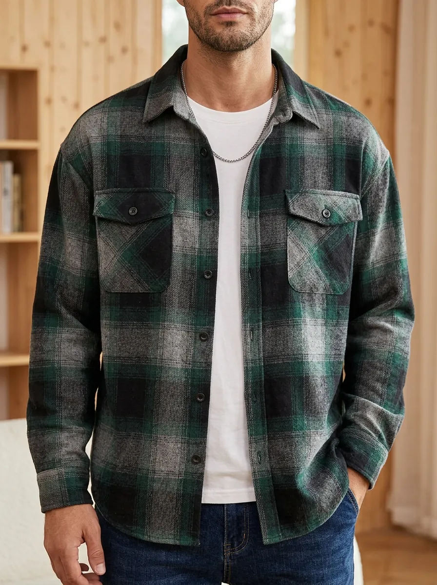 Forest Twin Pocket Flap Pocket Plaid Shirt