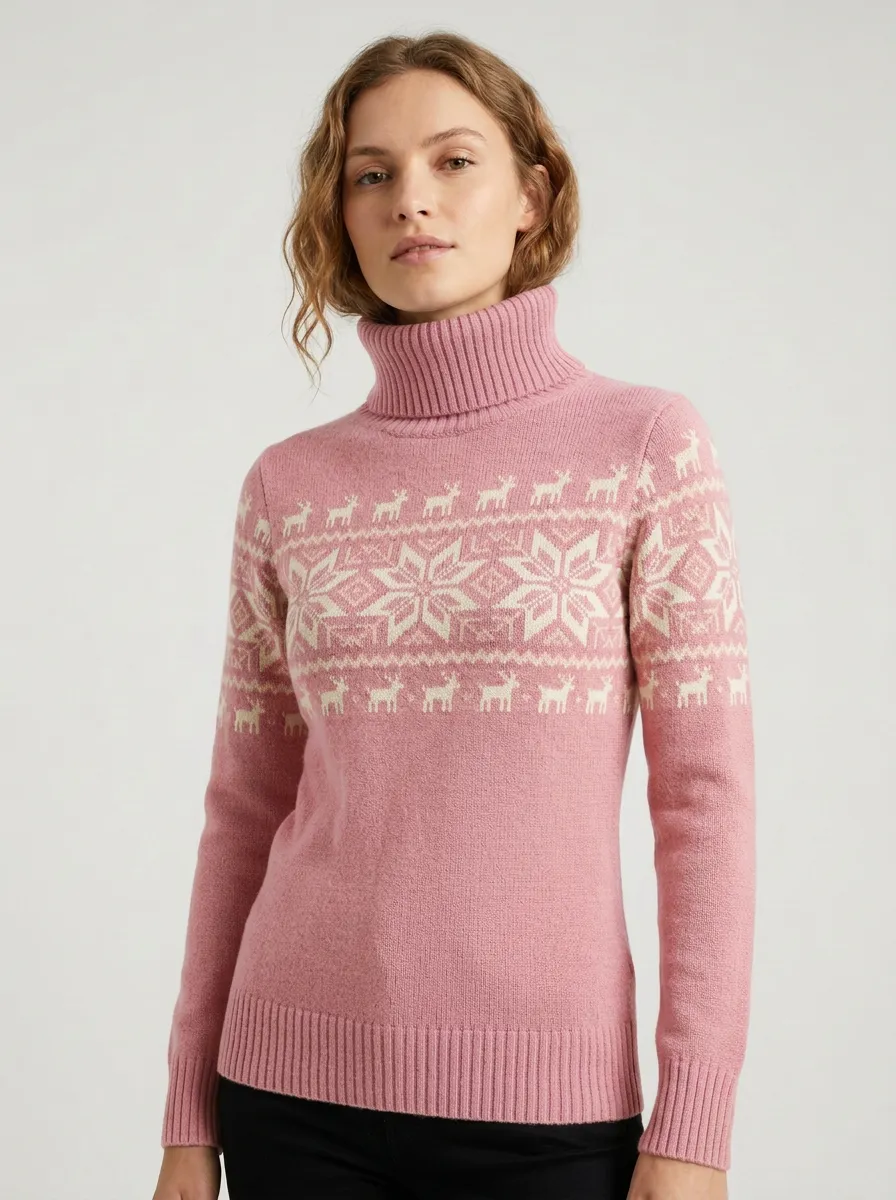 Women's Christmas Holiday Reindeer Snowflake Pattern Printed Turtleneck Sweater