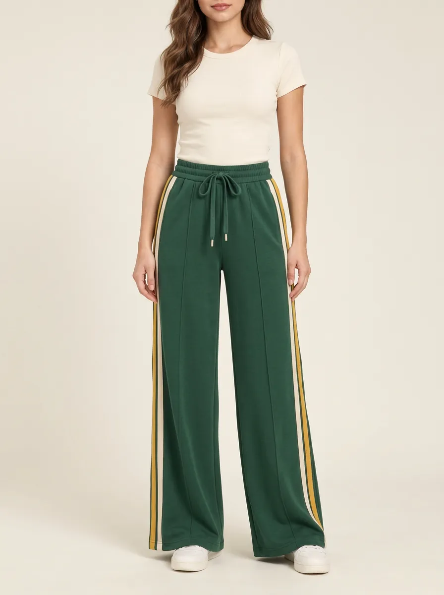 Women's High-Rise Drawstring Pintuck Side-Stripe Wide-Leg Track Pants