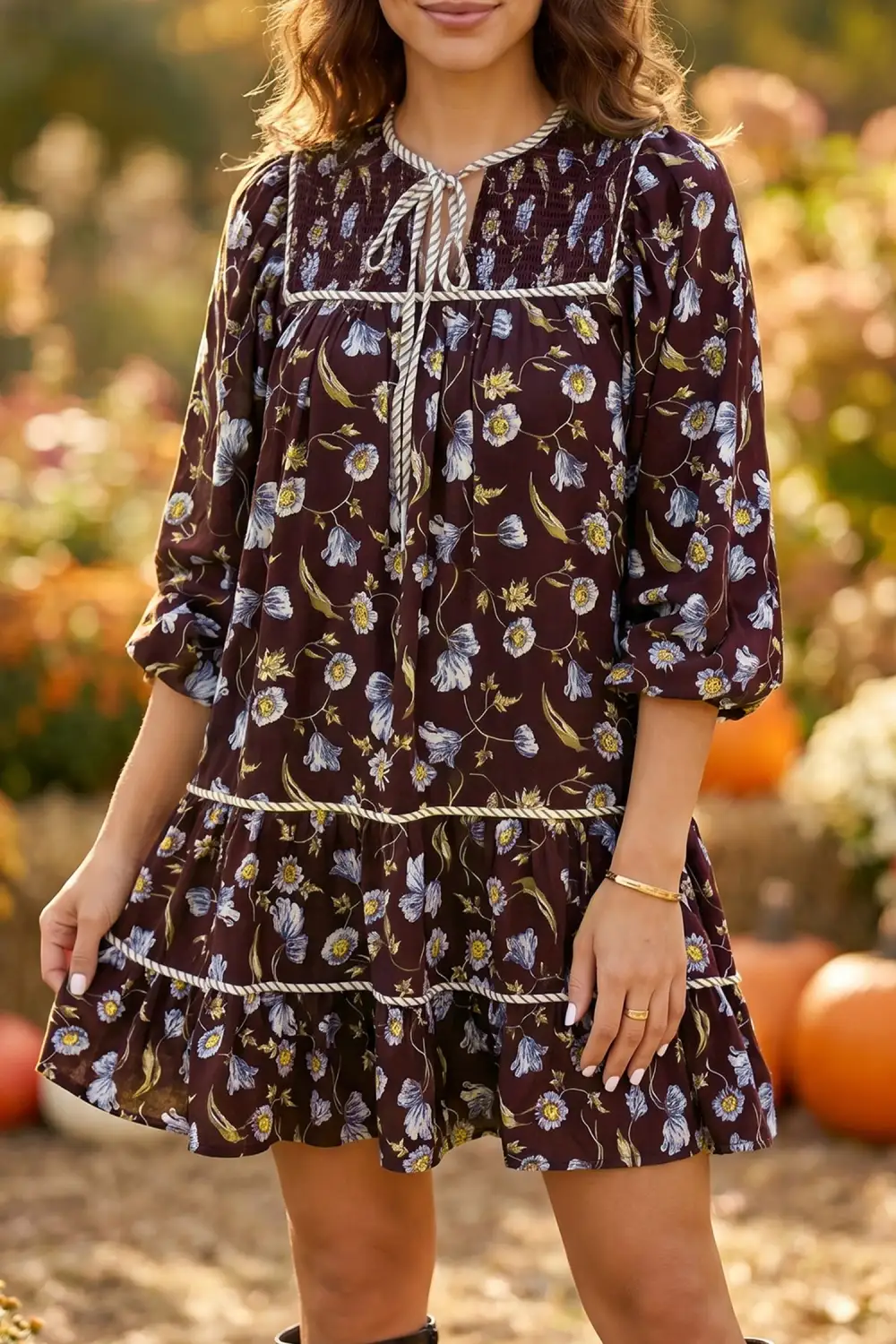 Women's Floral Print V Neck Shift Shirred Mini Dress