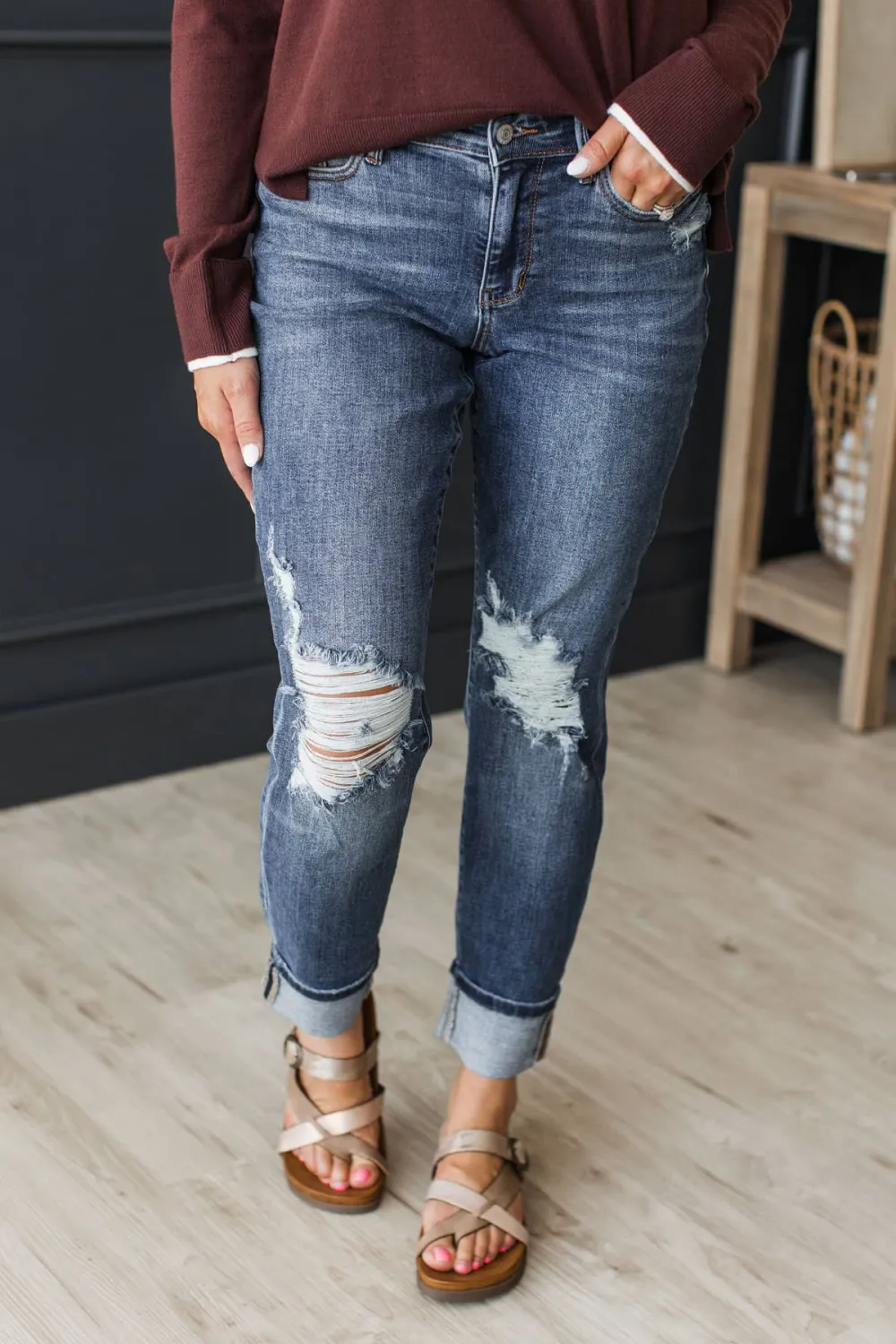 Mid-Rise Boyfriend Distressed Jeans