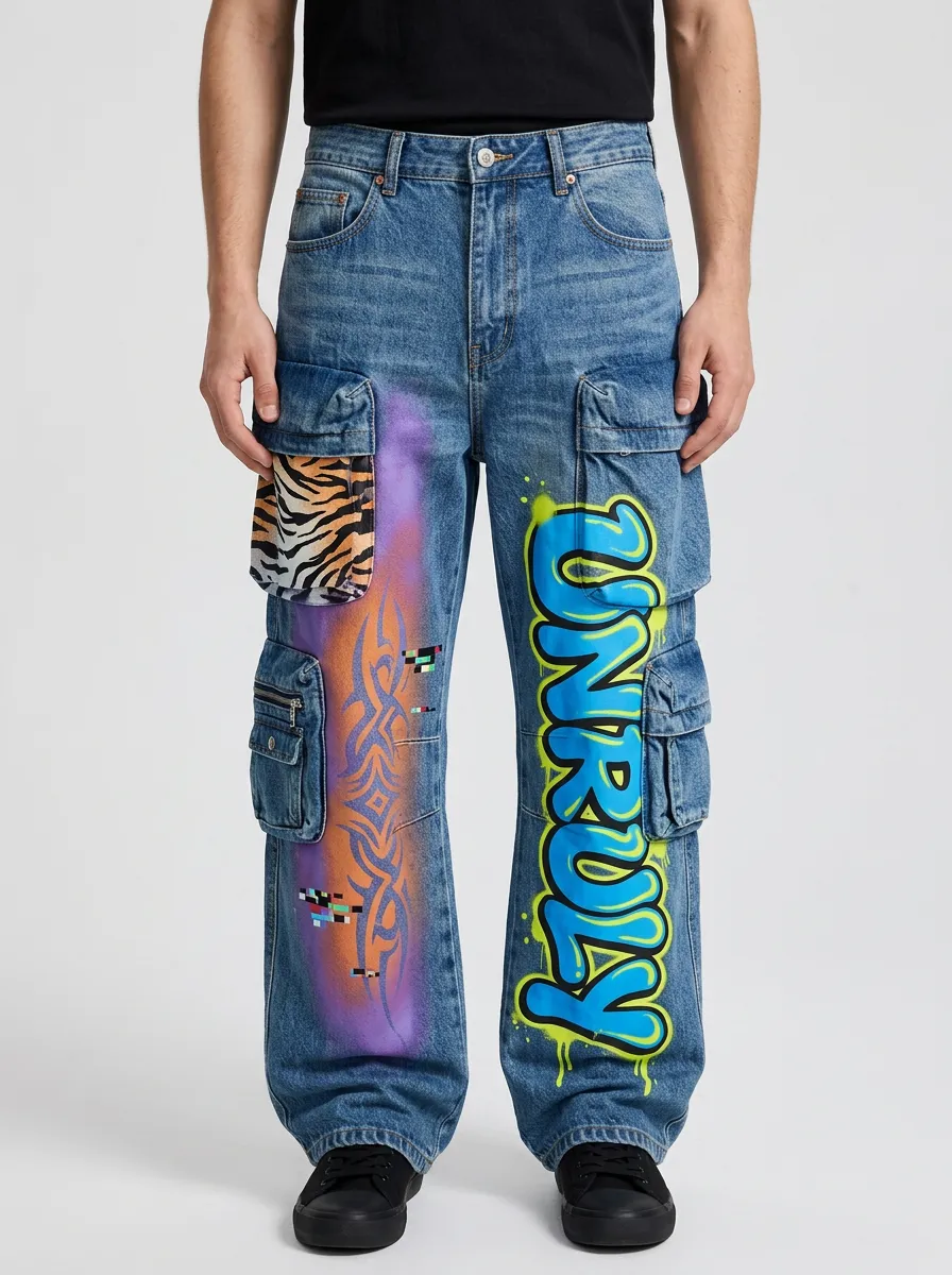 Men's Streetwear Graffiti Tiger Print Bold Pattern Cargo Jeans
