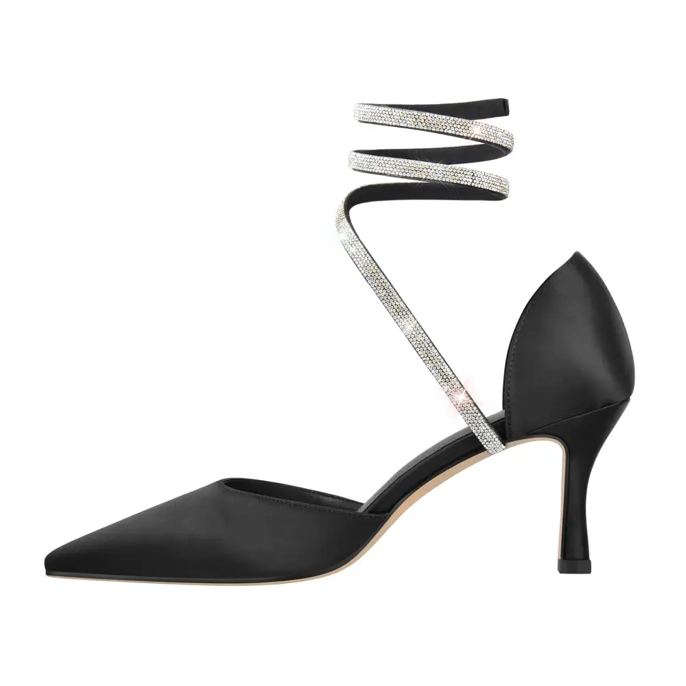 Rhinestone Pointed Toe Chunky Heel Lace Up Pumps
