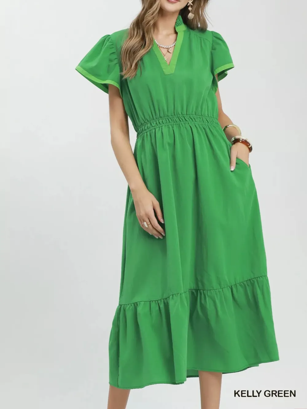 Contrast Contrast Trim Midi Dress with Tiered Ruffle Hem