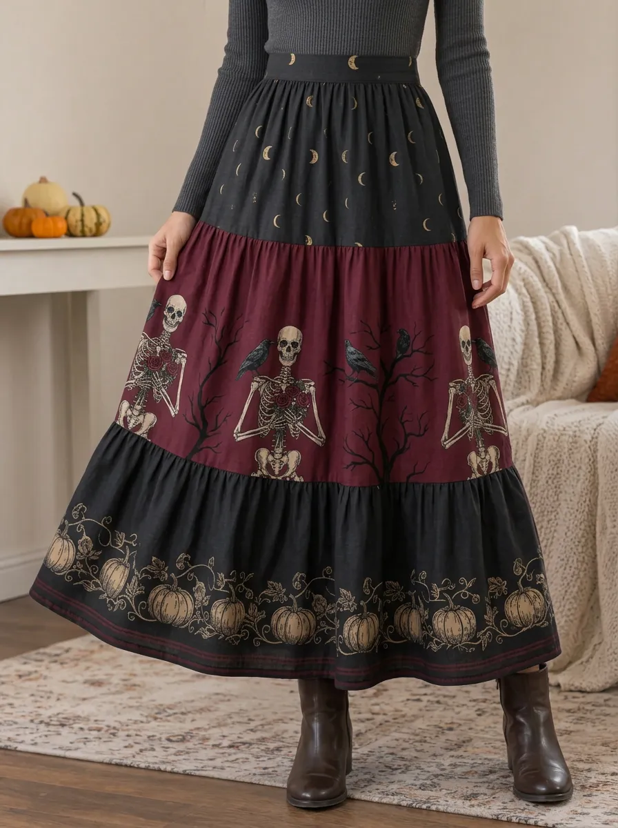 Women's Halloween Skeleton Pumpkin Raven Printed Tiered Maxi Skirt