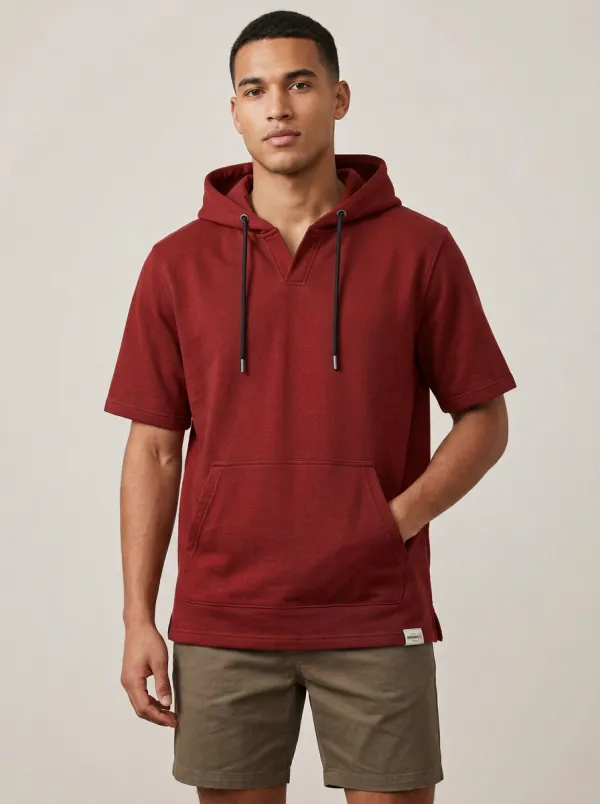 Classic Short Sleeve V-Neck Minimalist Layering Style Men's Hoodie