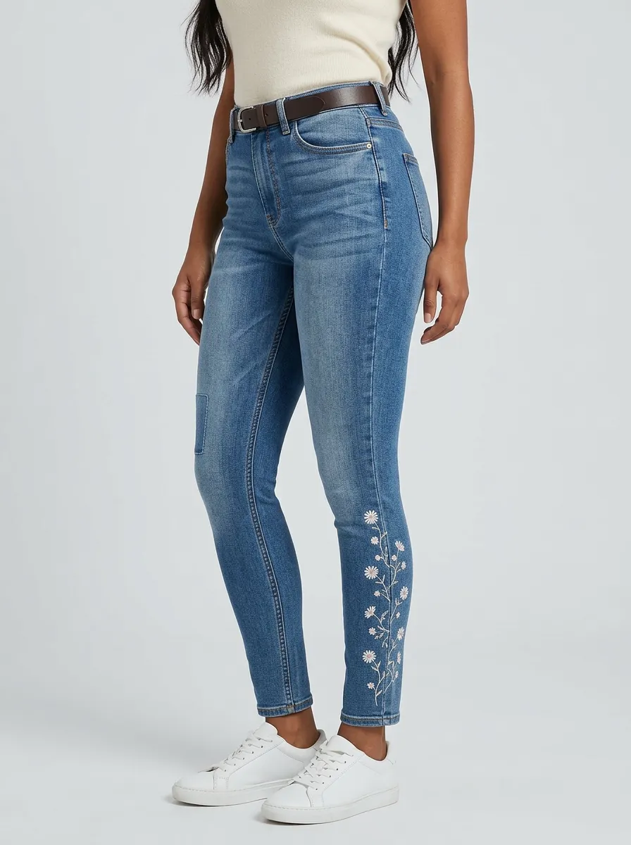 Women's Sierra Floral Daisy Embroidered Printed Slim Jeans