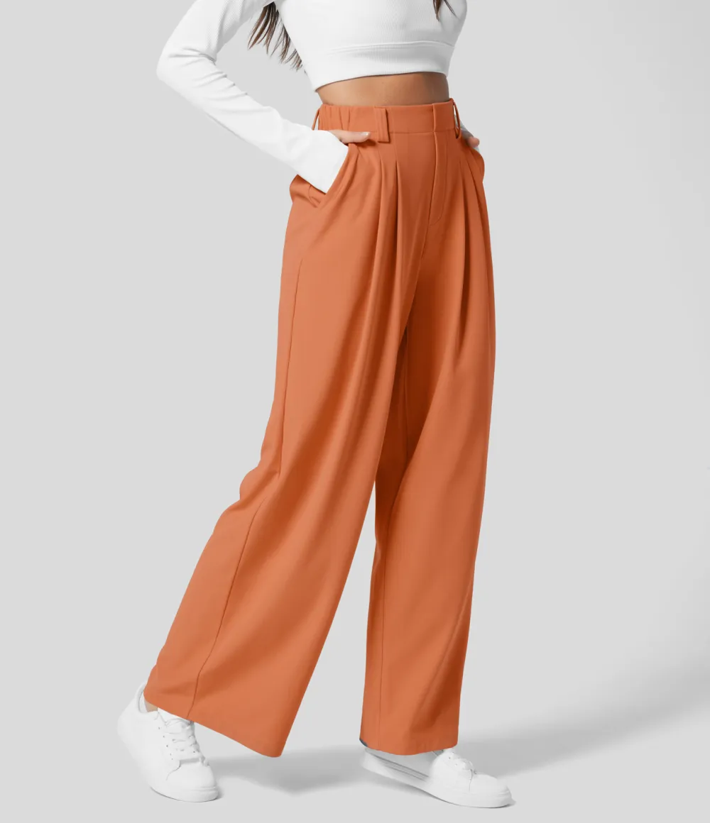 2026🔥  High Waisted Plicated Side Pocket Wide Leg Waffle Work Pants