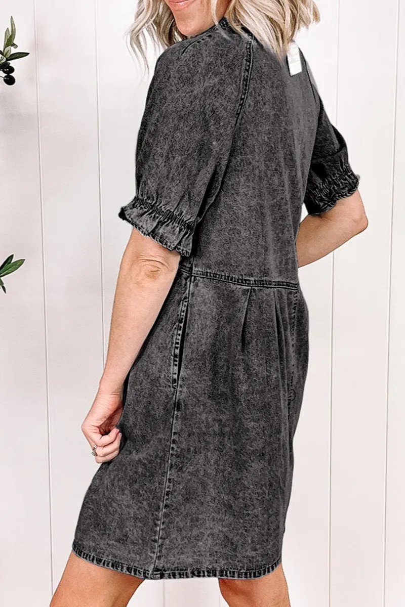 Mineral Wash Ruffled Short Sleeve Buttoned Denim Dress