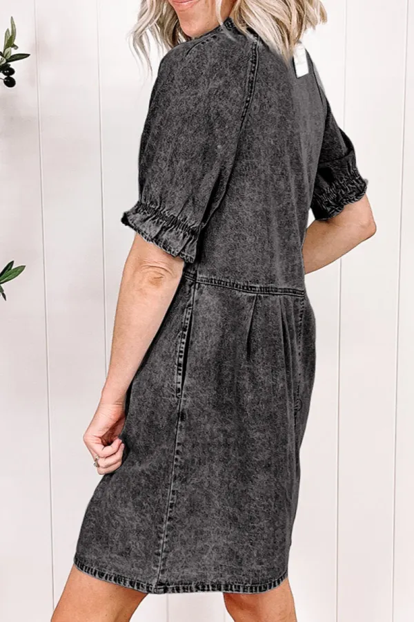 Mineral Wash Ruffled Short Sleeve Buttoned Denim Dress