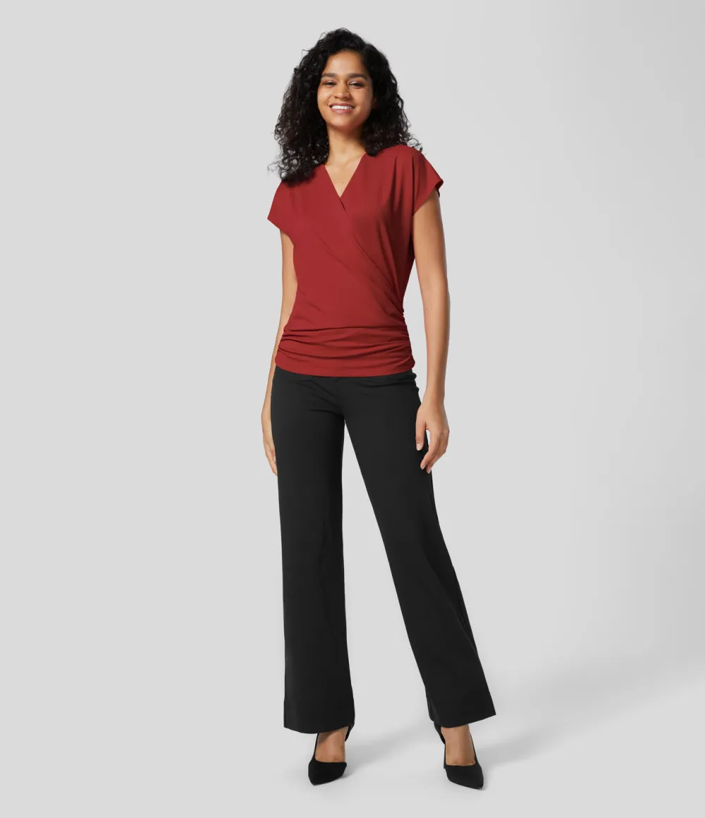 V Neck Cap Sleeve Crossover Ruched Solid Work Blouse