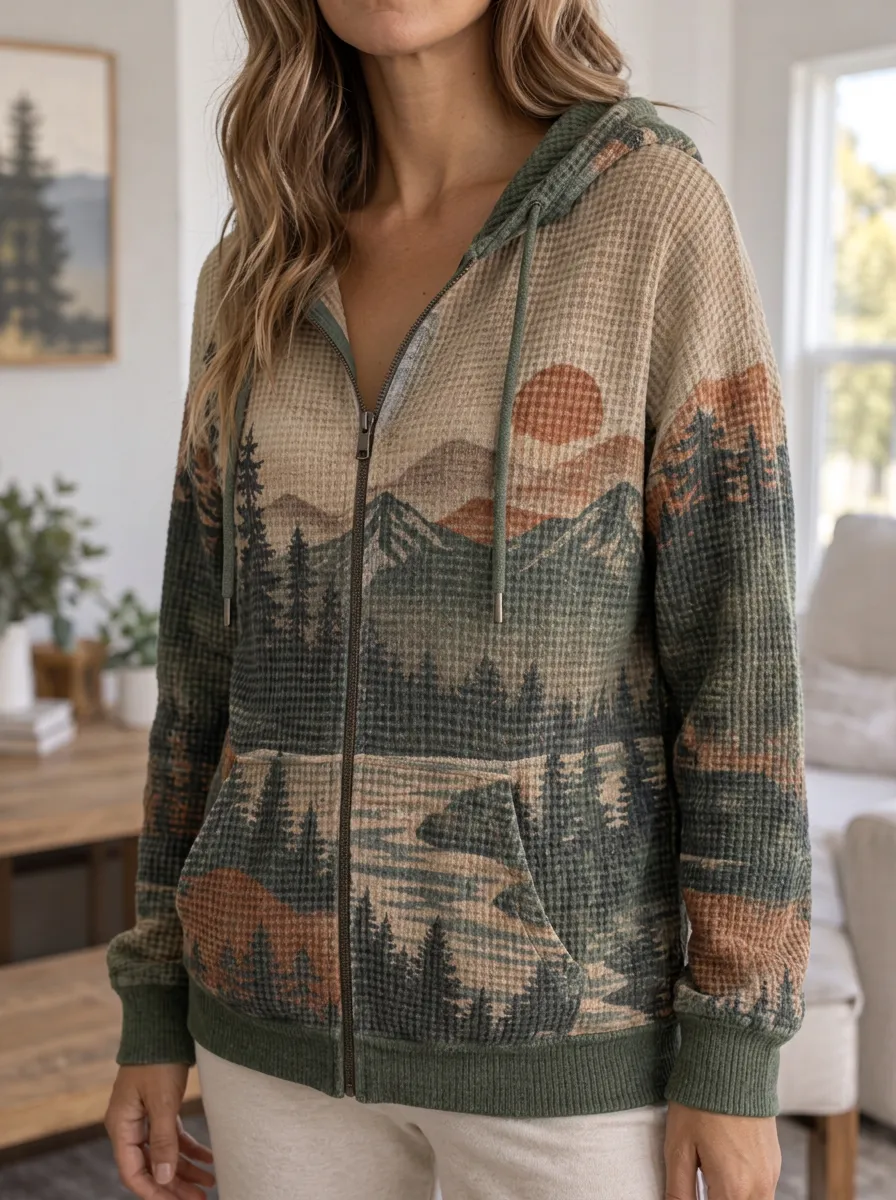 Women's Nature Lover Mountain Forest Signature Detail Waffle Zip-Up Hoodie