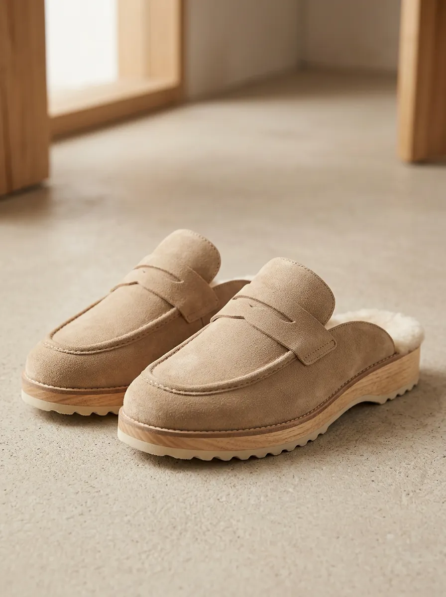 Women's Faux Fur Lined Minimalist Suede Wood Sole Loafers