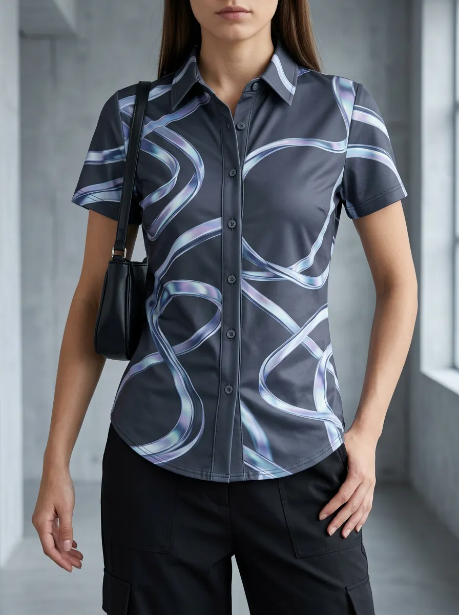 Women's Abstract Swirl Pattern Printed Button-Down Shirt