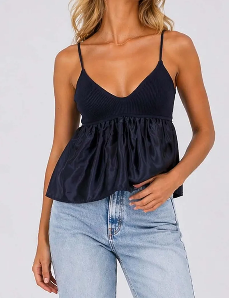 Chic Spaghetti Strap V Neck Babydoll Cami Top