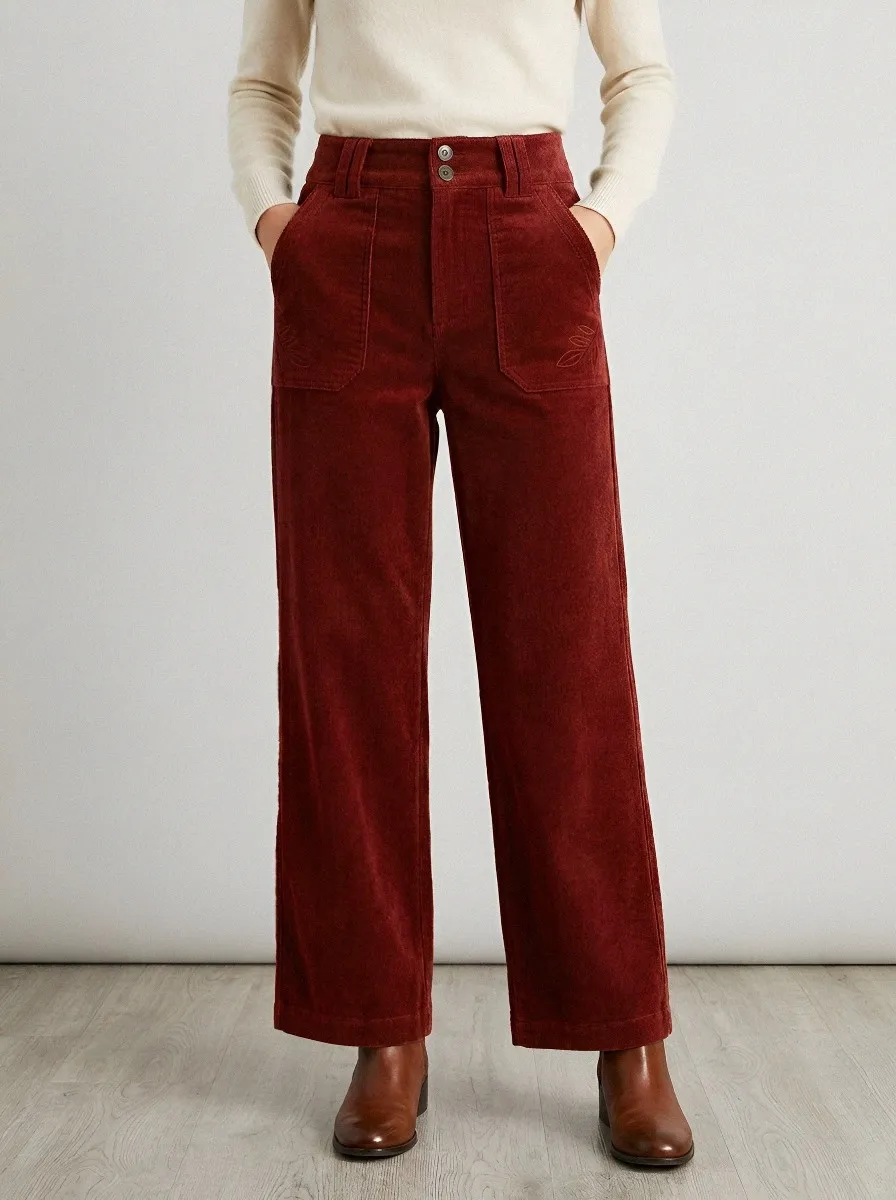 Women's Botanical Leaf Embroidered Olive Corduroy Pants