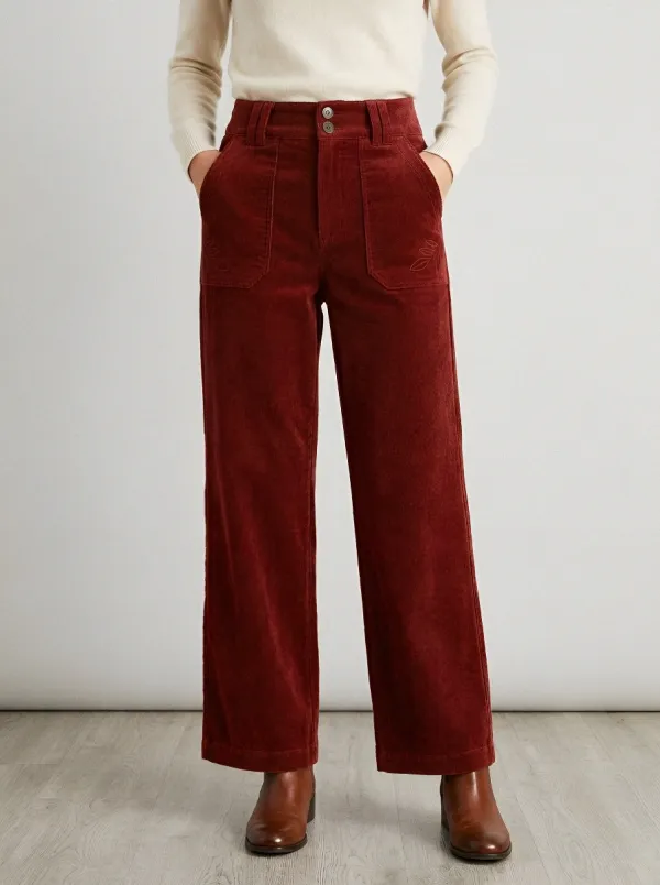 Women's Botanical Leaf Embroidered Olive Corduroy Pants
