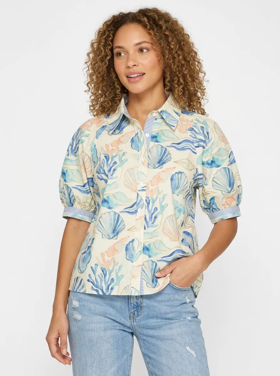 Women's Beach Lover Seashell Coral Watercolor Printed Shirt