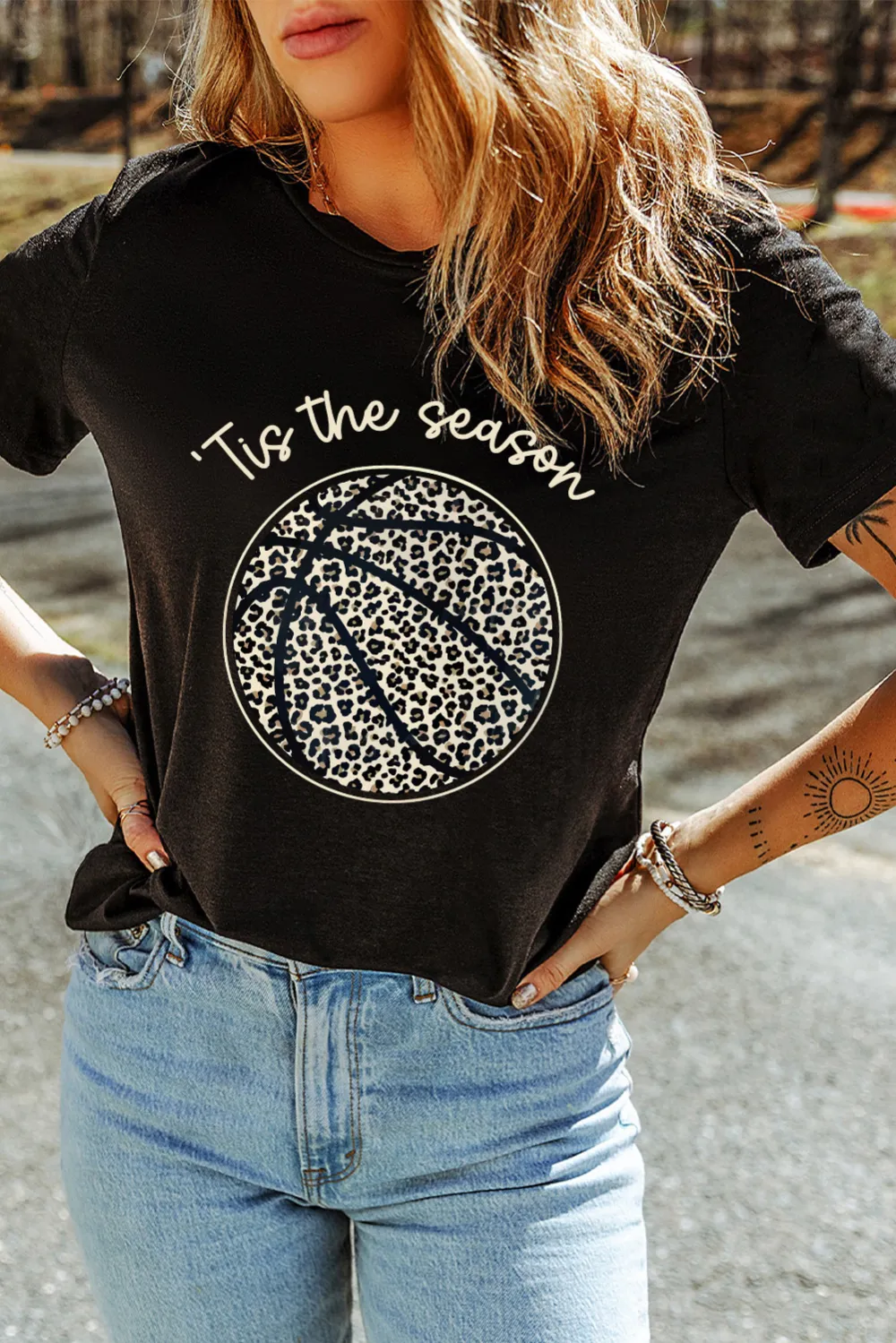 Black Leopard Basketball Printed Crew Tee