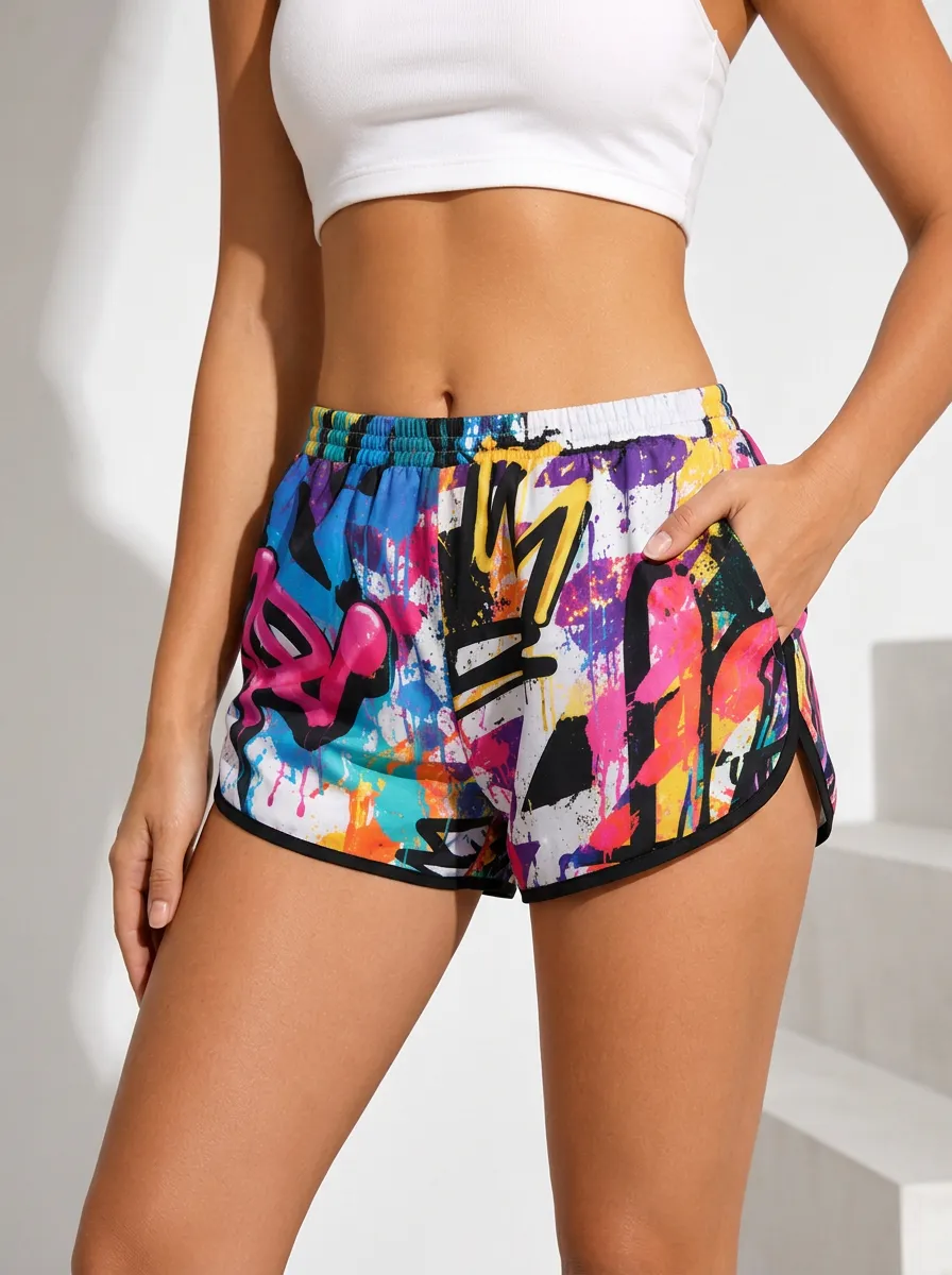 Women's Streetwear Graffiti Art Colorful Contrast Piping Printed Shorts